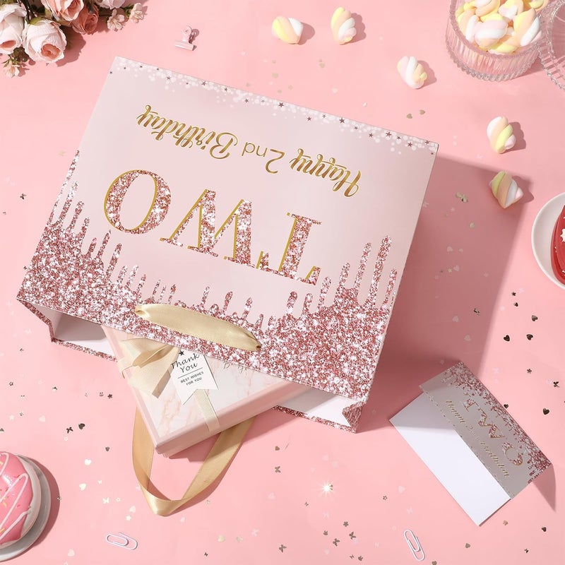 Yoirrat Rose Gold 2nd Birthday Gift Bag for Baby Girls - Large Pink Happy 2nd Birthday Gift Bag with Wrapping Paper and Card for Decorations and Party Supplies - Image 5